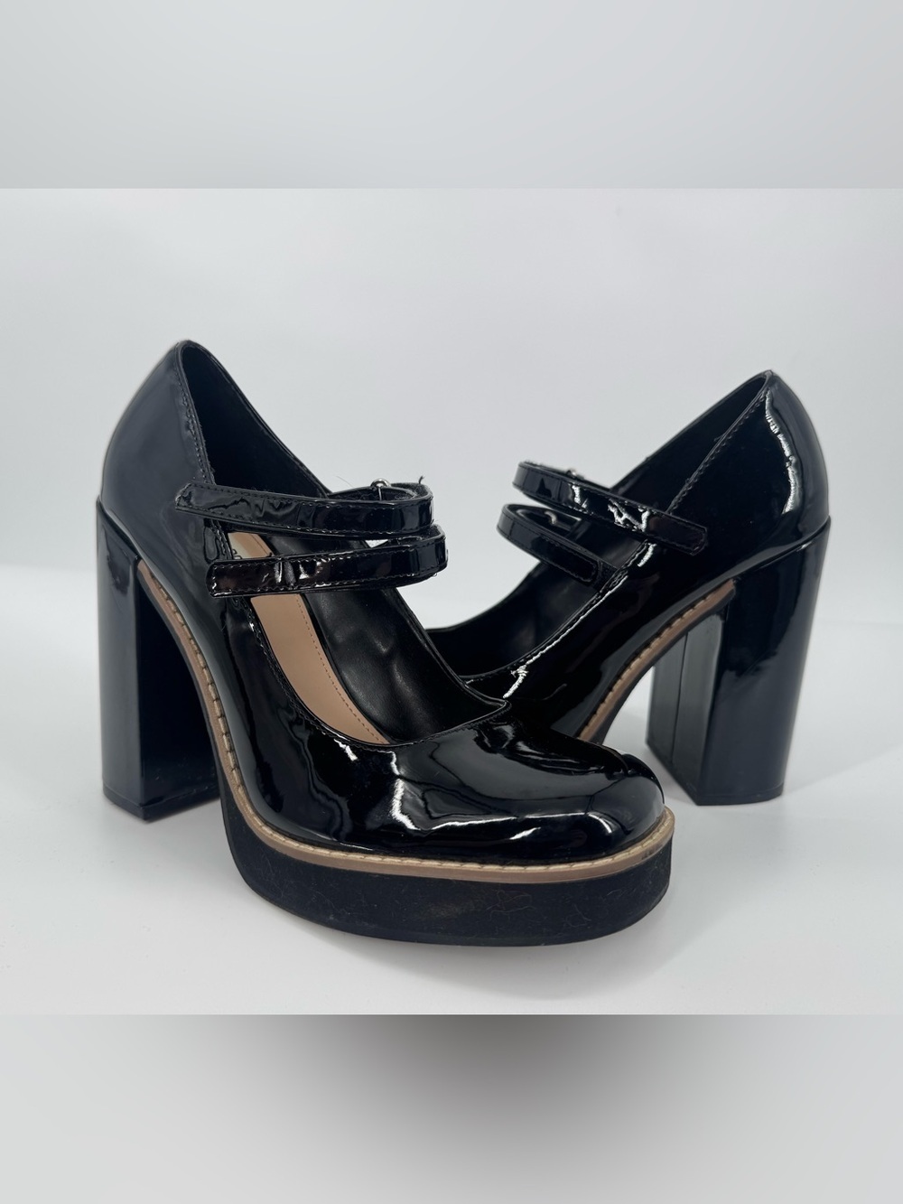 Steve Madden Black Patent Mary Jane Platform Block Heels Y2K Goth Preppy SZ 8.5